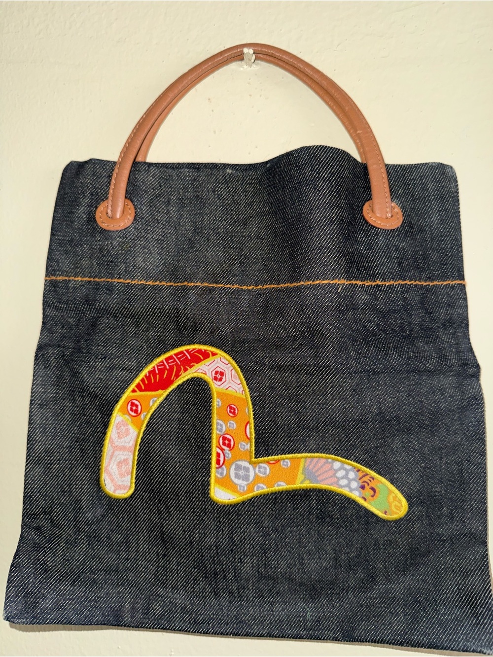 Evisu small Denim Tote Bag with Colorful Patch Accent - Brown Handle